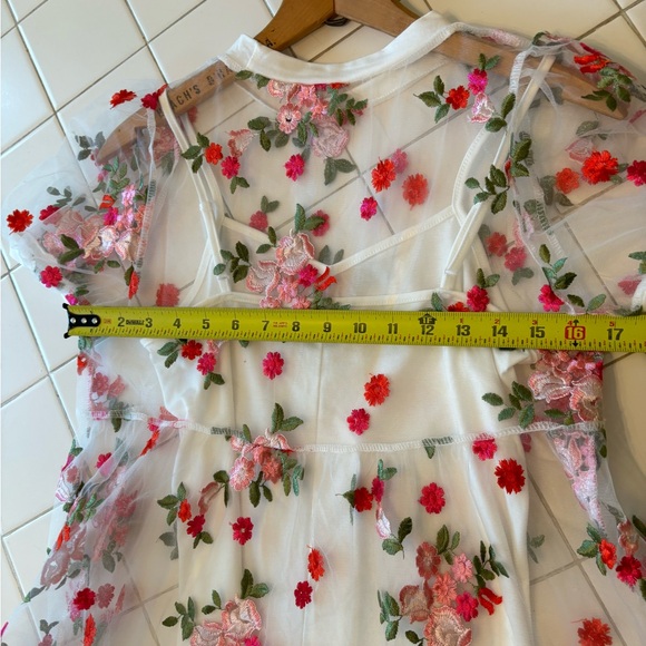 Floral embroidered dress sheer white short sleeve spaghetti strap coverup party - Picture 7 of 13